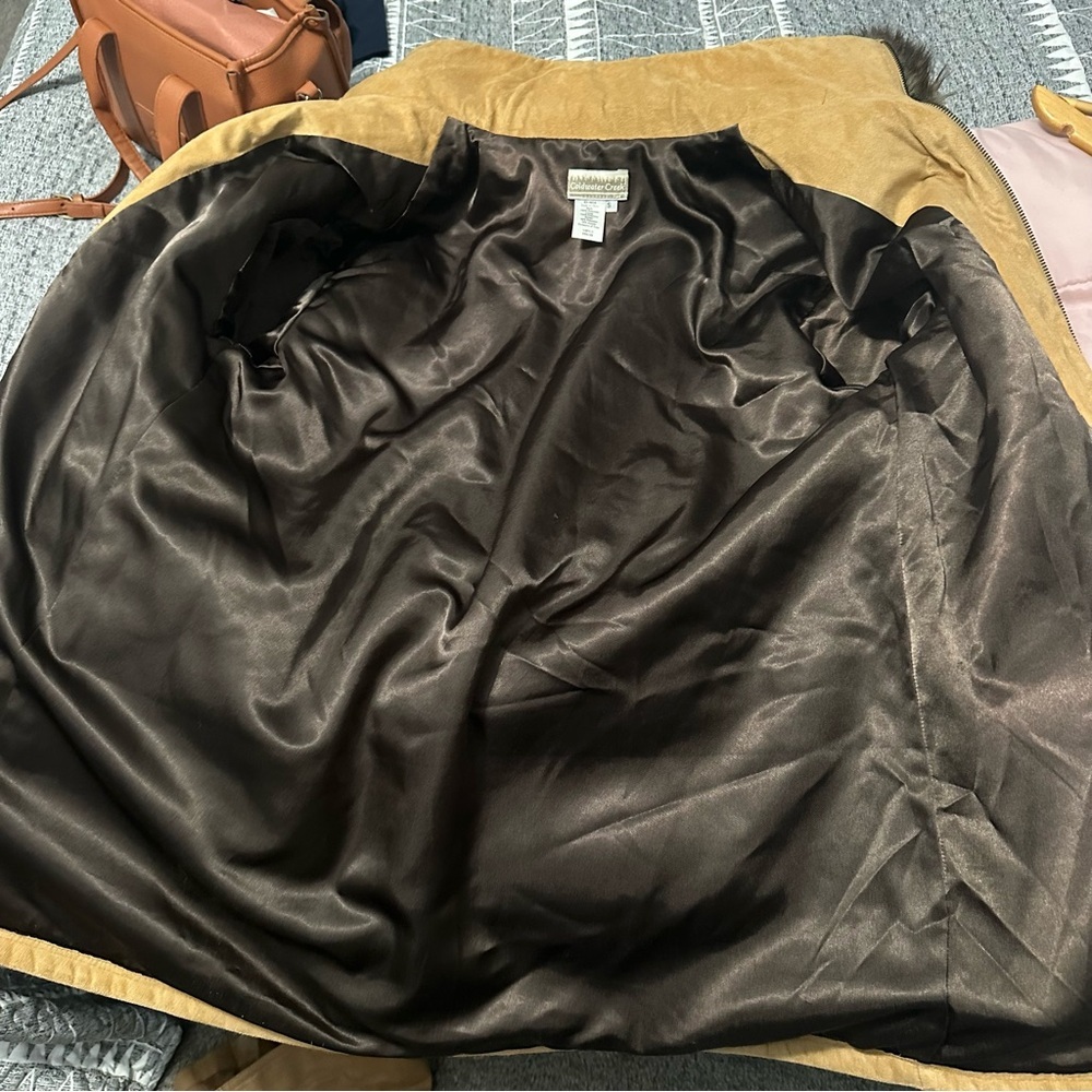 Coldwater Creek Wolf Faux Suede Coat Tan Fur Hooded Jacket Small Western Chic - Picture 8 of 11